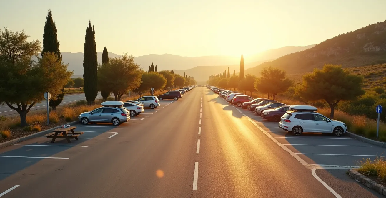 Aire d'autoroute quasi vide avec quelques véhicules stationnés sous un ciel matinal doré