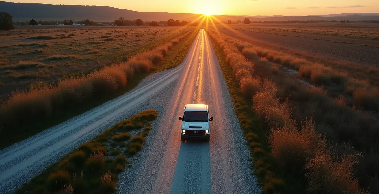 Vue aérienne d'un carrefour entre route principale et chemin de terre avec voiture au point de décision