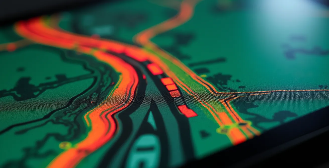 Vue macro détaillée d'un smartphone montrant une carte de navigation avec zones colorées de trafic