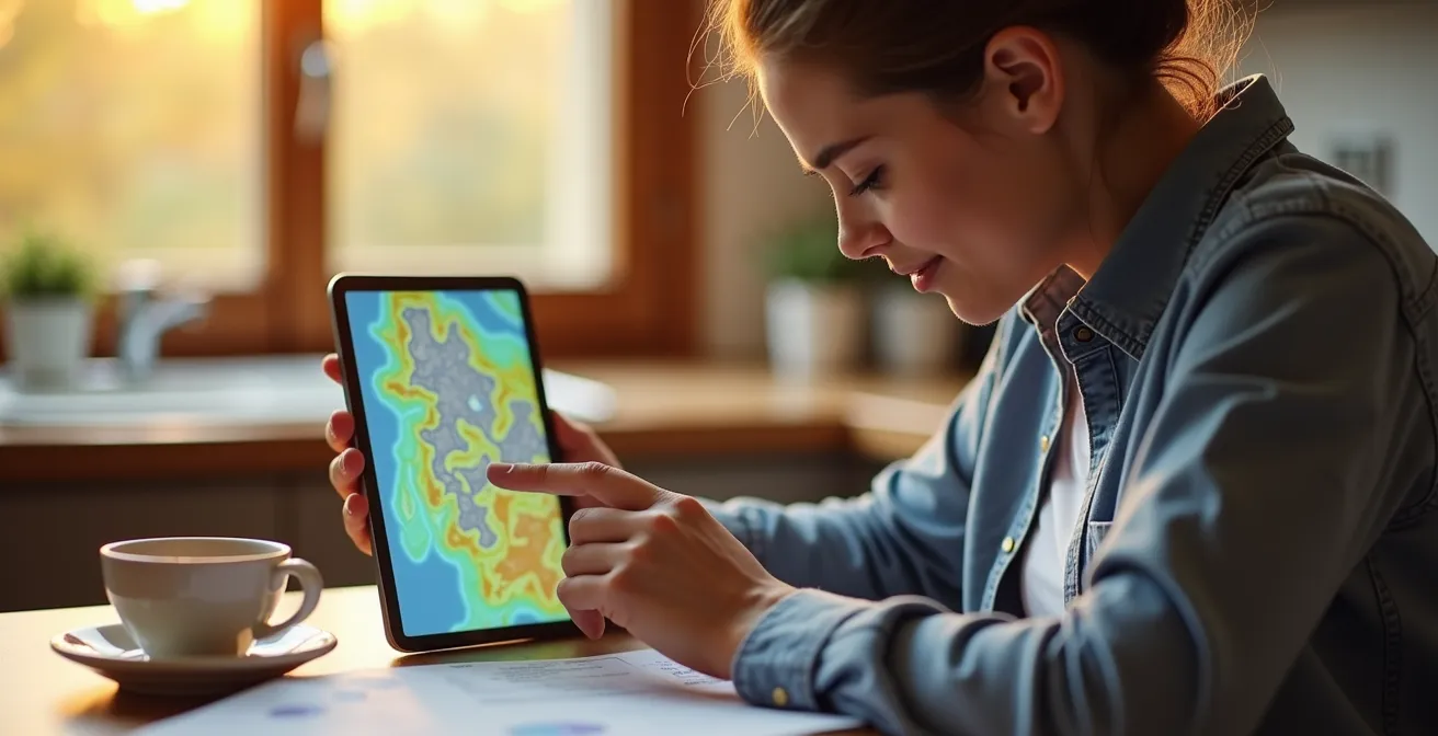 Conducteur consultant une tablette affichant des graphiques de trafic colorés pour planifier son départ