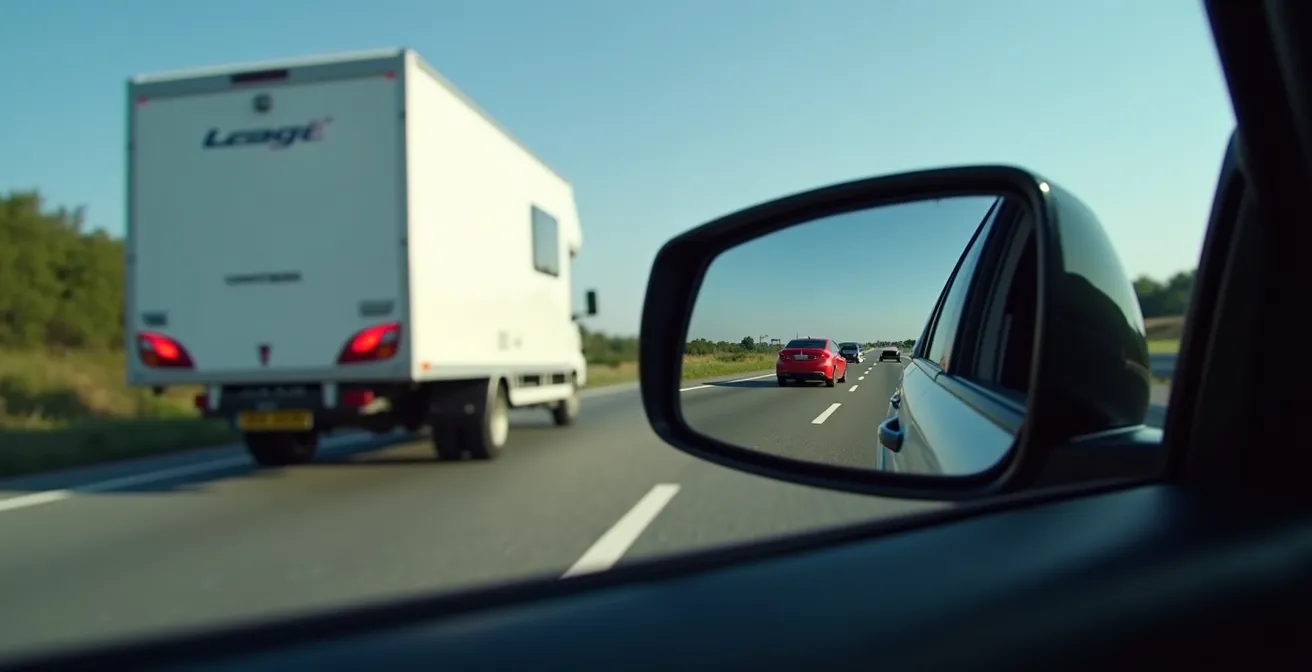 Comparaison visuelle montrant l'angle mort créé par une caravane large et la visibilité améliorée avec des rétroviseurs additionnels