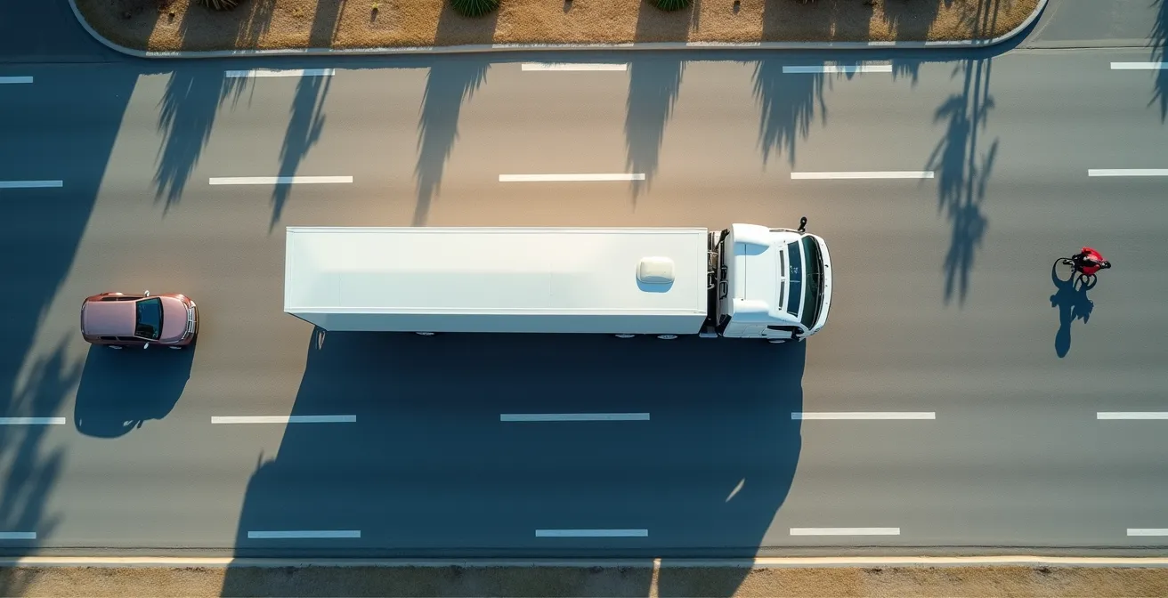 Vue aérienne montrant les quatre zones d'angles morts d'un camion avec des véhicules positionnés dans ces zones
