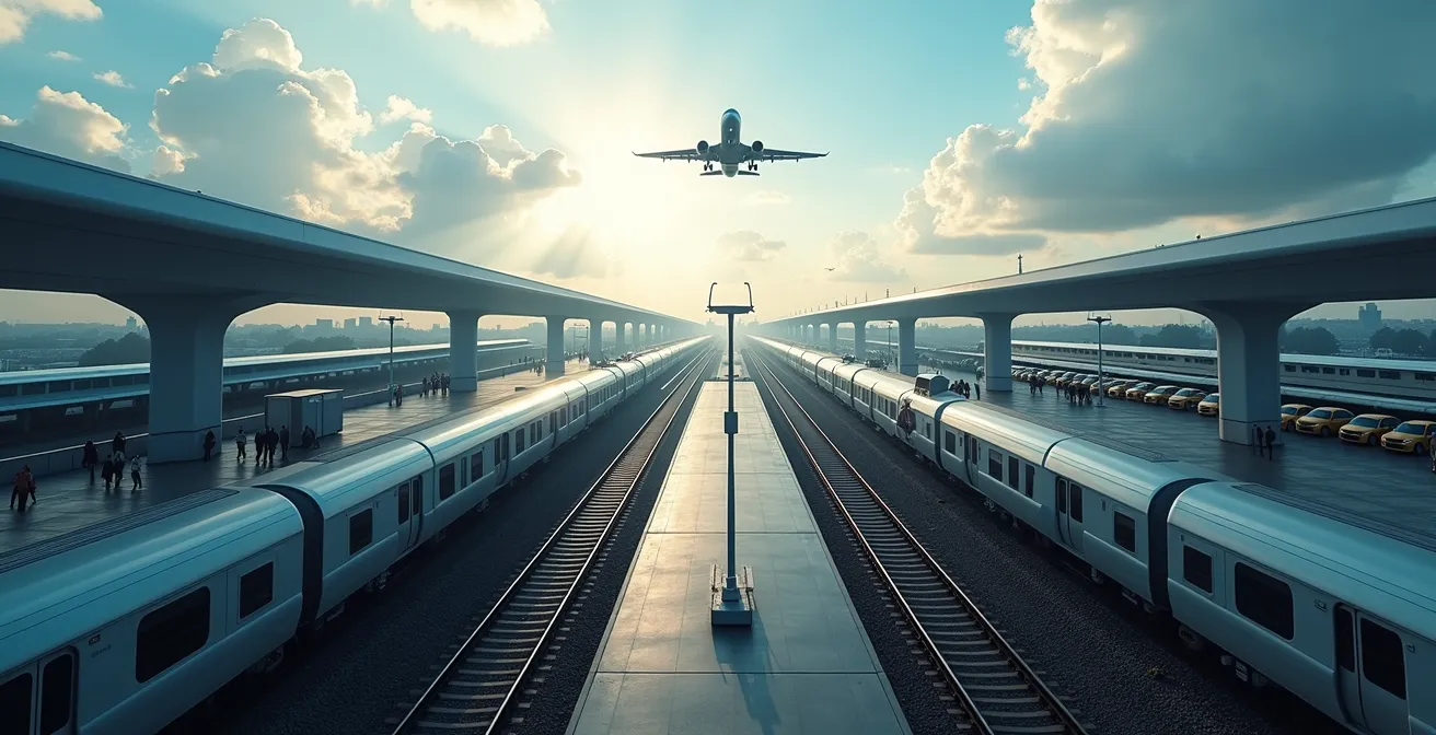 Vue aérienne d'un hub de transport avec train, avion et taxi