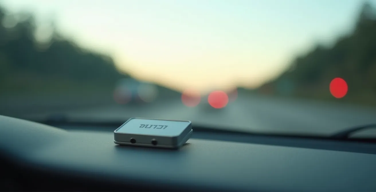 Badge de télépéage fixé sur un pare-brise avec vue floue sur l'autoroute