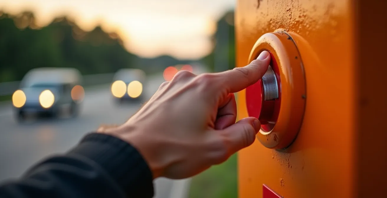 Main pressant le bouton d'une borne d'appel d'urgence orange sur autoroute avec véhicule en arrière-plan flou