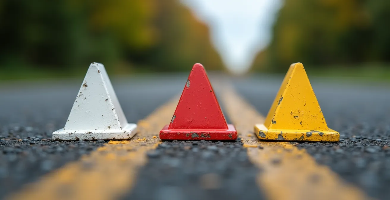 Gros plan sur trois bornes kilométriques aux couleurs distinctives des différents types de routes