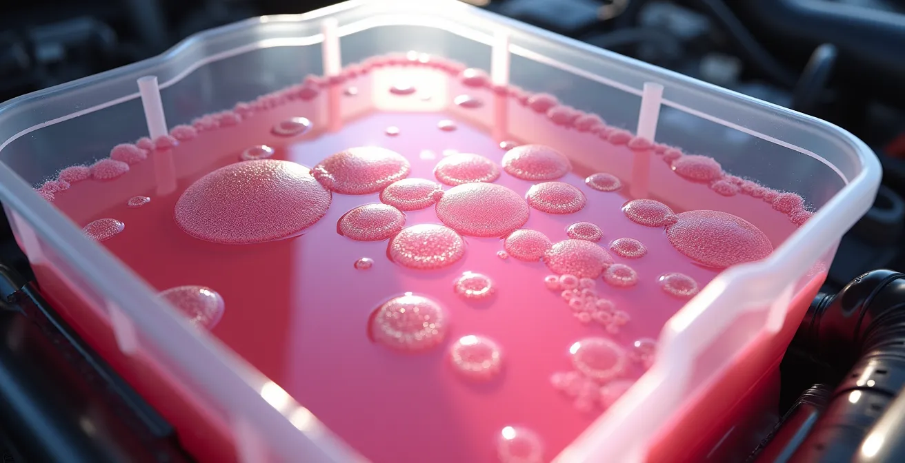 Vue plongeante sur un vase d'expansion translucide montrant des bulles d'air remontant dans le liquide de refroidissement