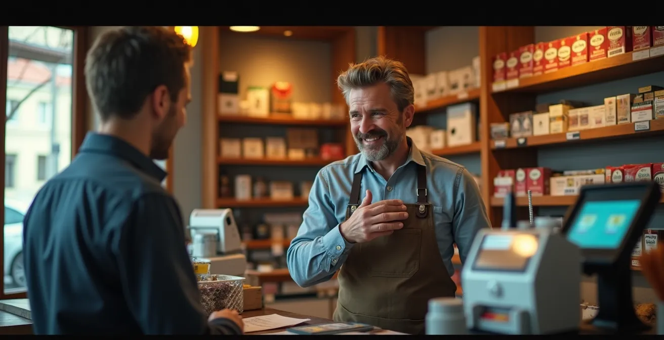 Vue d'un comptoir de bureau de tabac avec terminal de paiement moderne