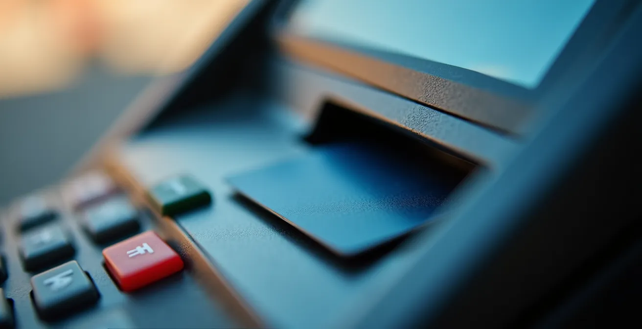 Gros plan sur un terminal de paiement de péage avec une main tenant une carte bancaire