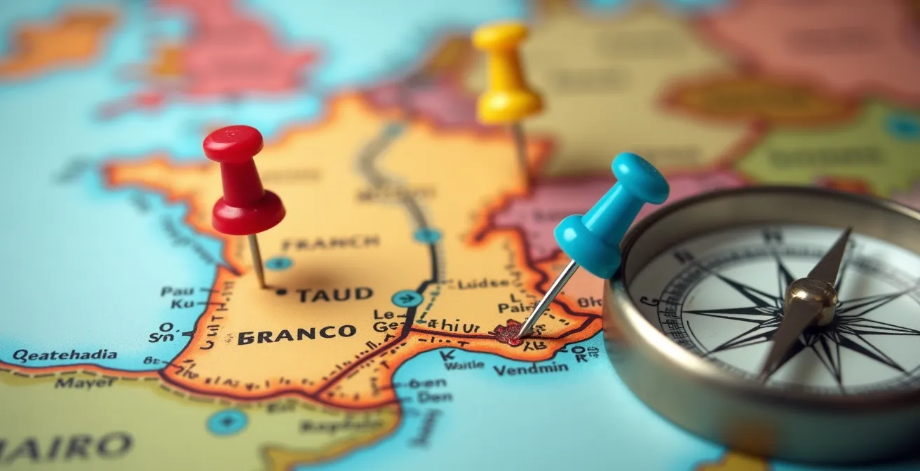 Vue de dessus d'une carte routière de France avec des épingles colorées marquant les étapes