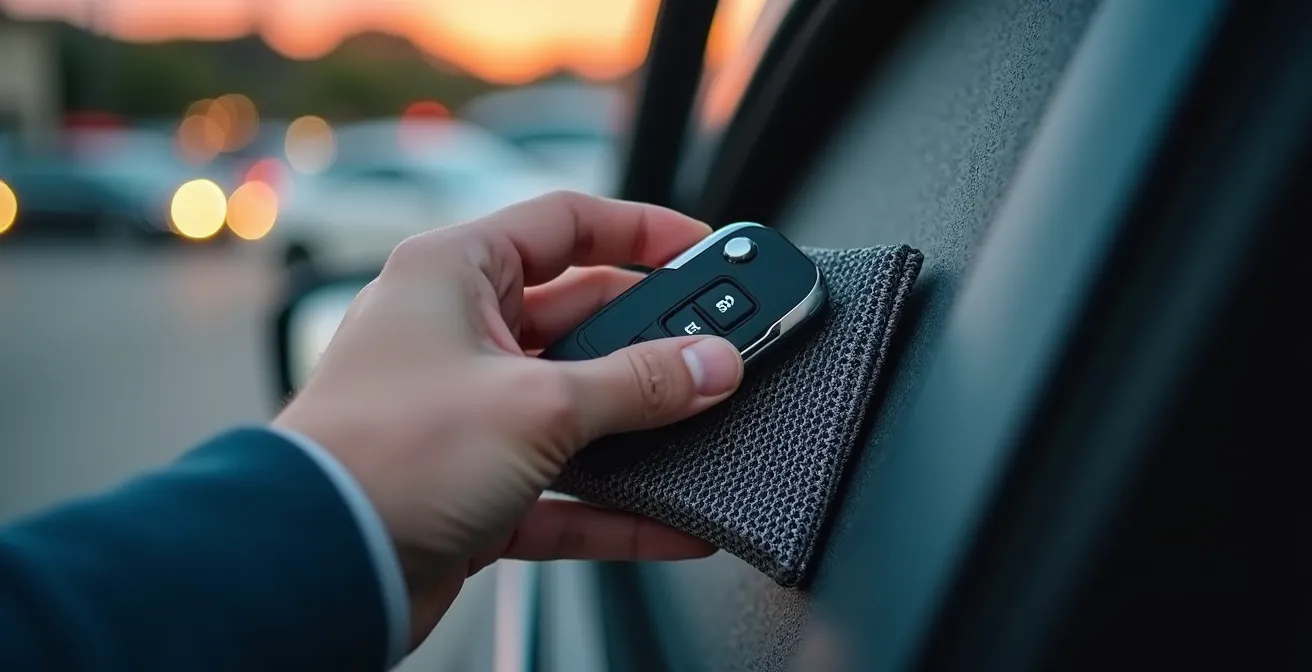 Main tenant une clé de voiture avec pochette de protection RFID