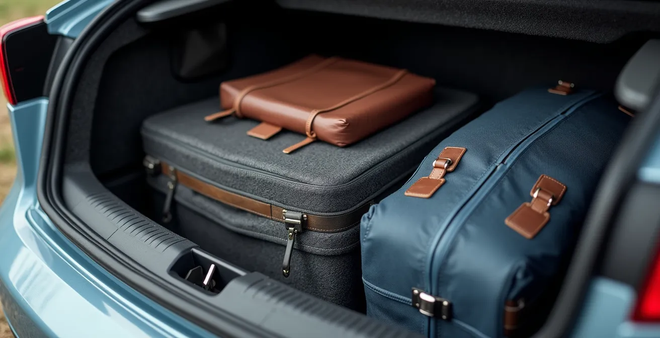 Vue de l'intérieur d'un coffre de voiture avec organisation sécurisée des bagages
