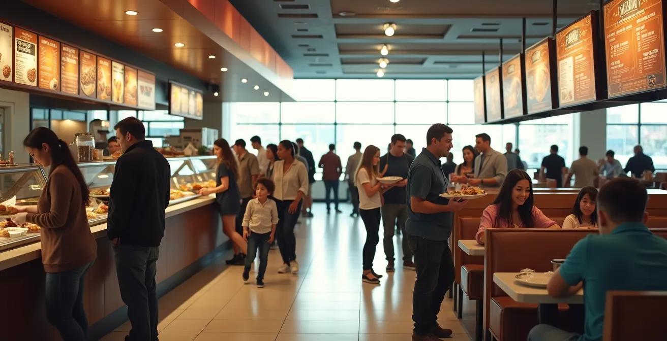 Intérieur moderne d'un espace de restauration sur aire d'autoroute avec plusieurs comptoirs de différentes enseignes