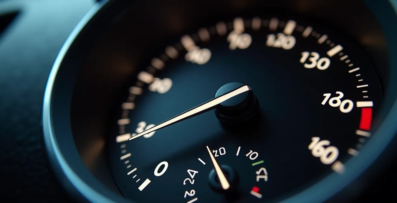 Gros plan sur compteur de vitesse automobile montrant l'aiguille entre 110 et 130 km/h avec indicateur de consommation