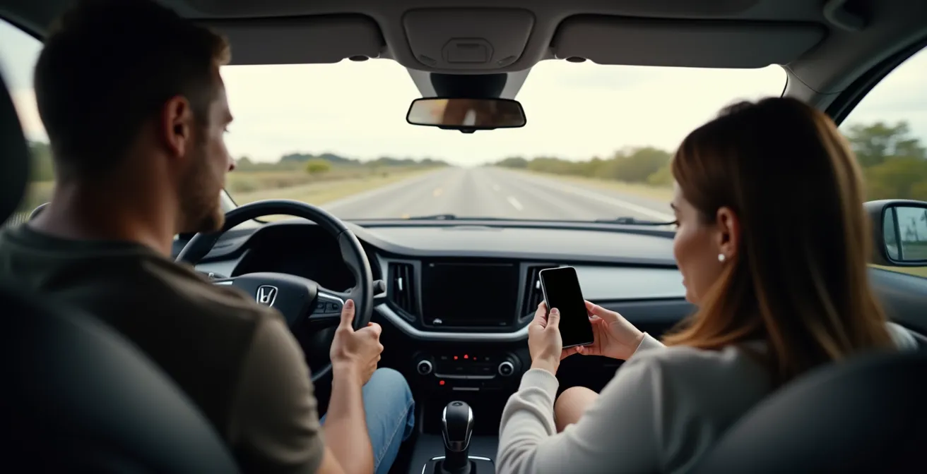 Conducteur concentré au volant avec co-pilote gérant la playlist familiale