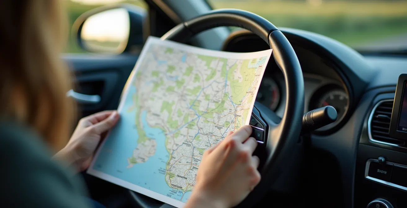 Conducteur consultant une carte routière posée sur le volant avec GPS éteint en arrière-plan