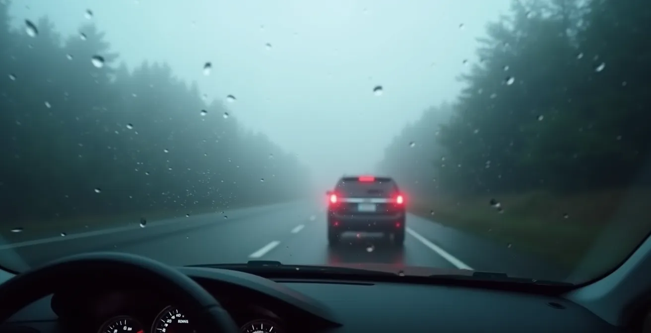 Vue depuis l'habitacle d'une voiture dans le brouillard dense avec pluie, feux arrière rouges visibles au loin