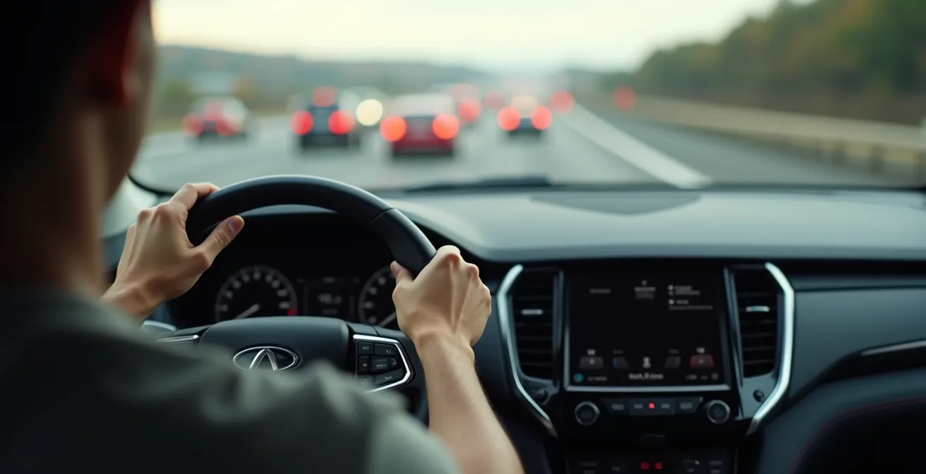Conducteur au volant maintenant une distance de sécurité importante sur autoroute, vue depuis l'intérieur du véhicule