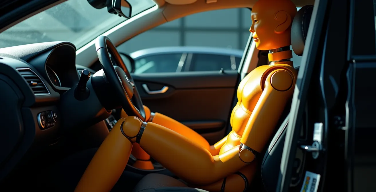 Mannequin de crash-test montrant l'impact dangereux des pieds sur le tableau de bord