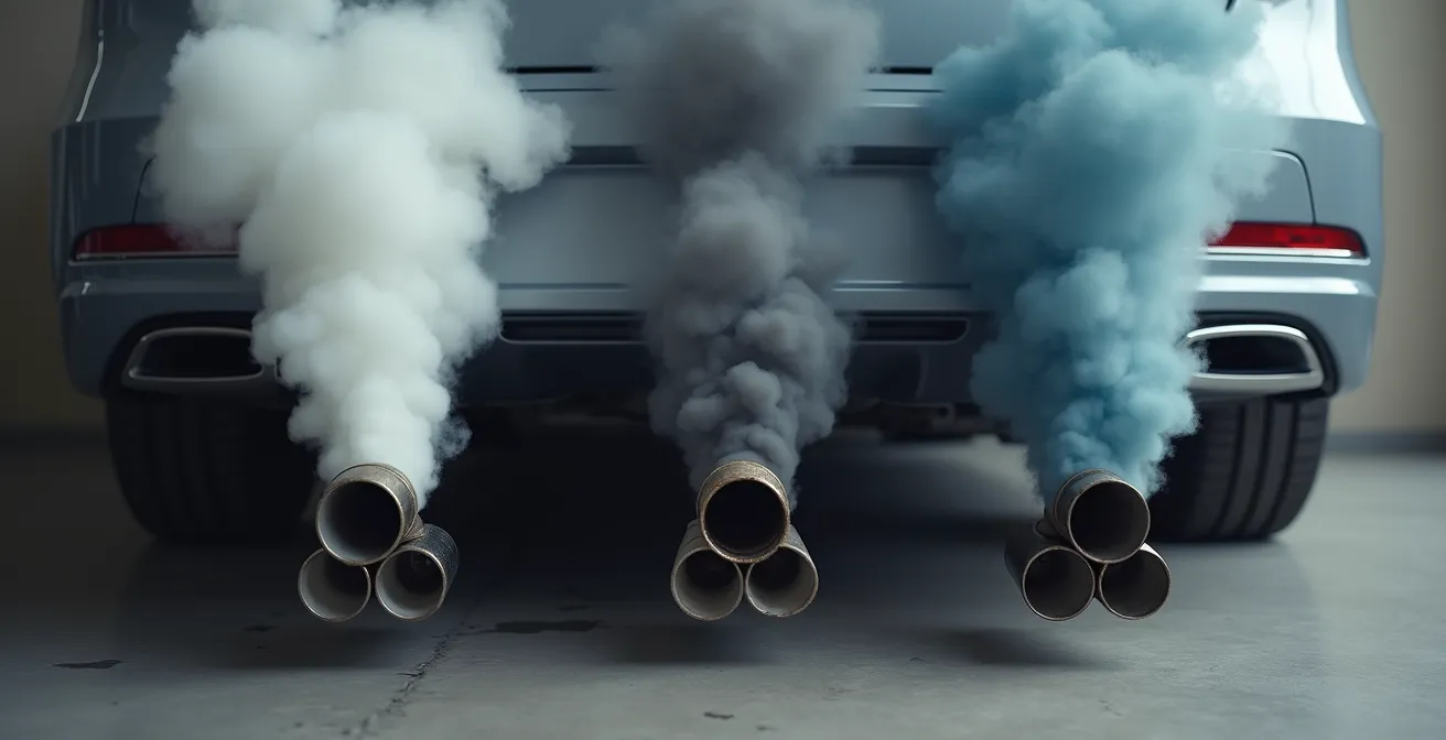 Trois échappements de voiture émettant différentes couleurs de fumée pour diagnostic