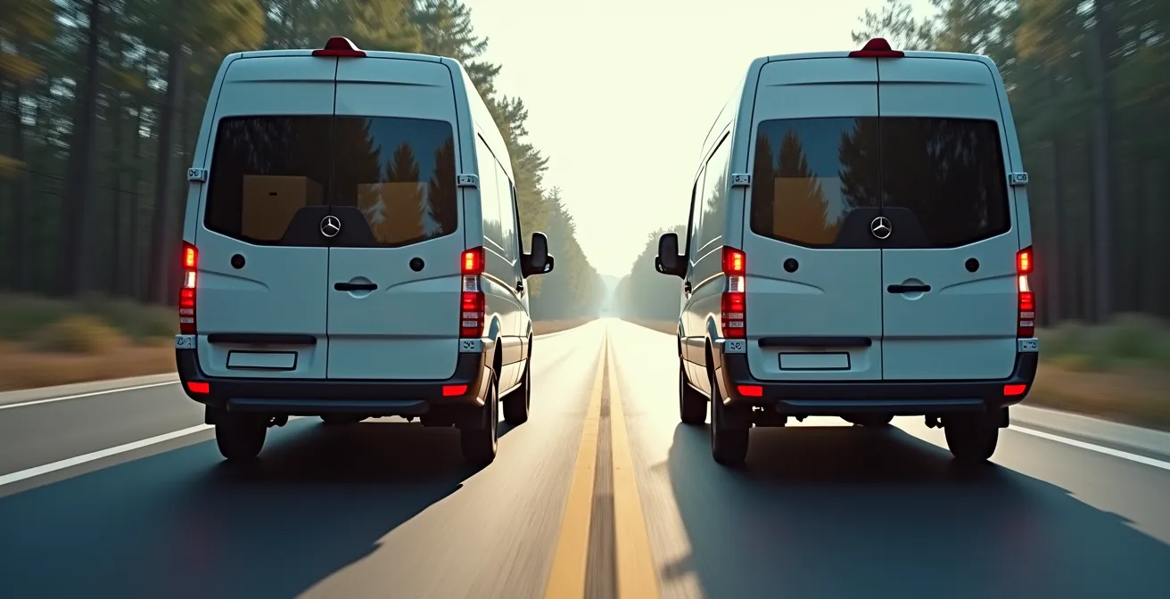Comparaison visuelle de la distance de freinage entre un fourgon vide et chargé sur route