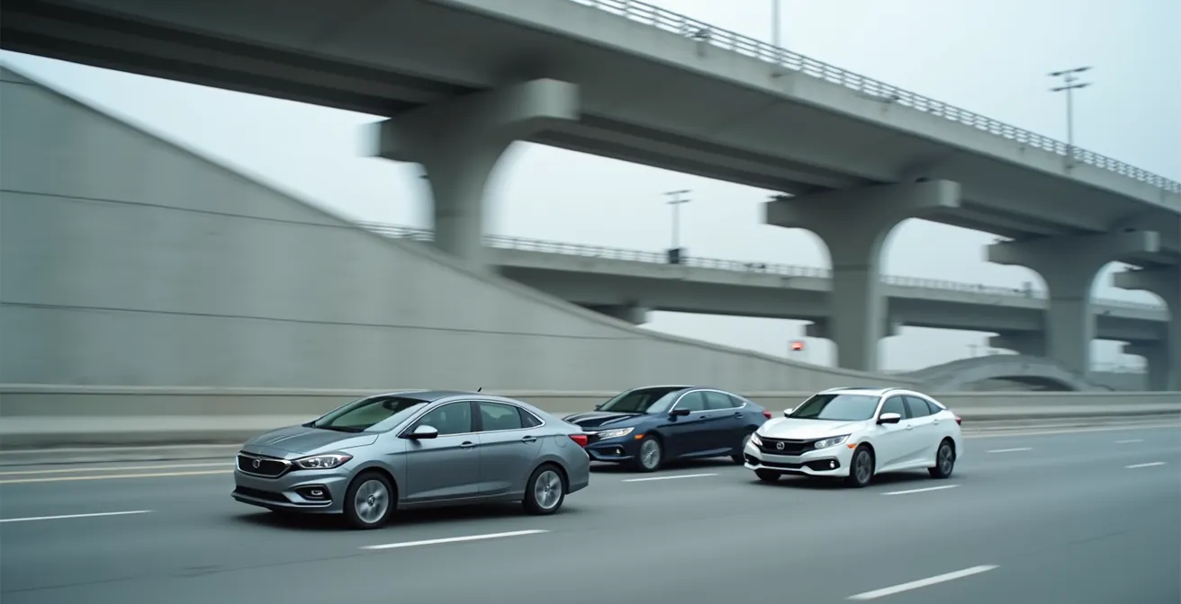 Trois voitures en file montrant les distances de sécurité optimales dans un embouteillage