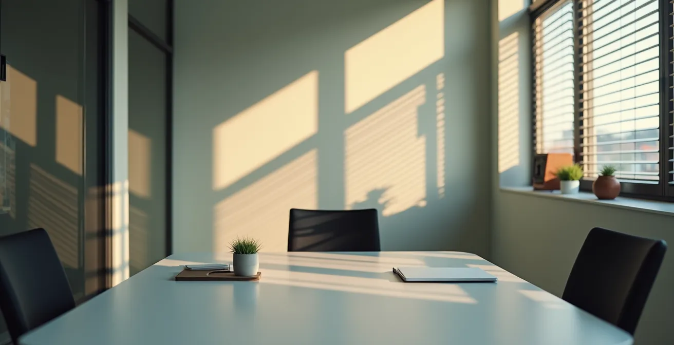 Bureau professionnel vide avec chaise tournée et lumière naturelle filtrant par les stores