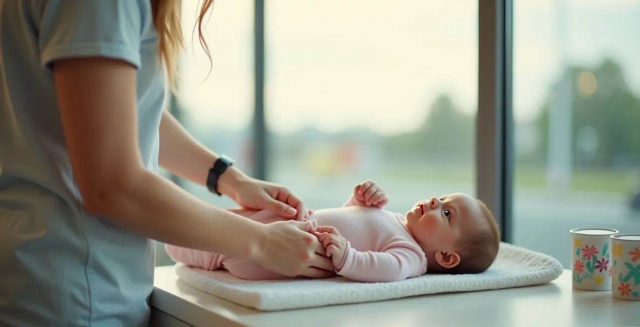 Intérieur moderne d'un espace nurserie sur aire d'autoroute avec équipements pour bébés