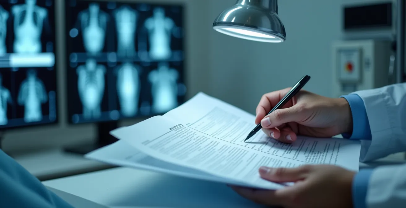 Vue macro détaillée de mains examinant des documents médicaux avec radiographies en arrière-plan