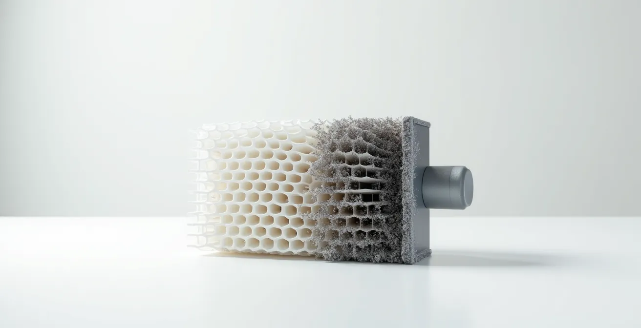 Vue en coupe technique d'un filtre à particules montrant l'accumulation de cendres