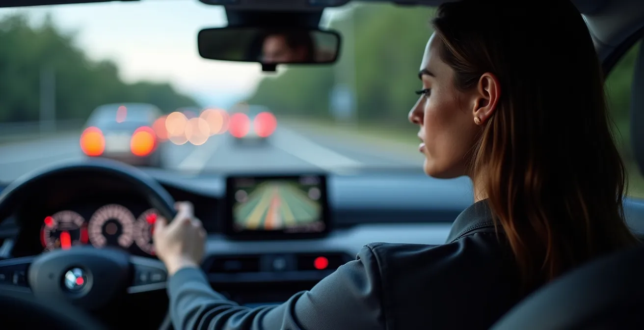 Conducteur au volant avec éclairage doux du tableau de bord en vision périphérique
