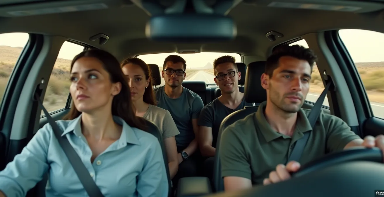 Intérieur de voiture avec cinq adultes assis montrant la répartition du poids