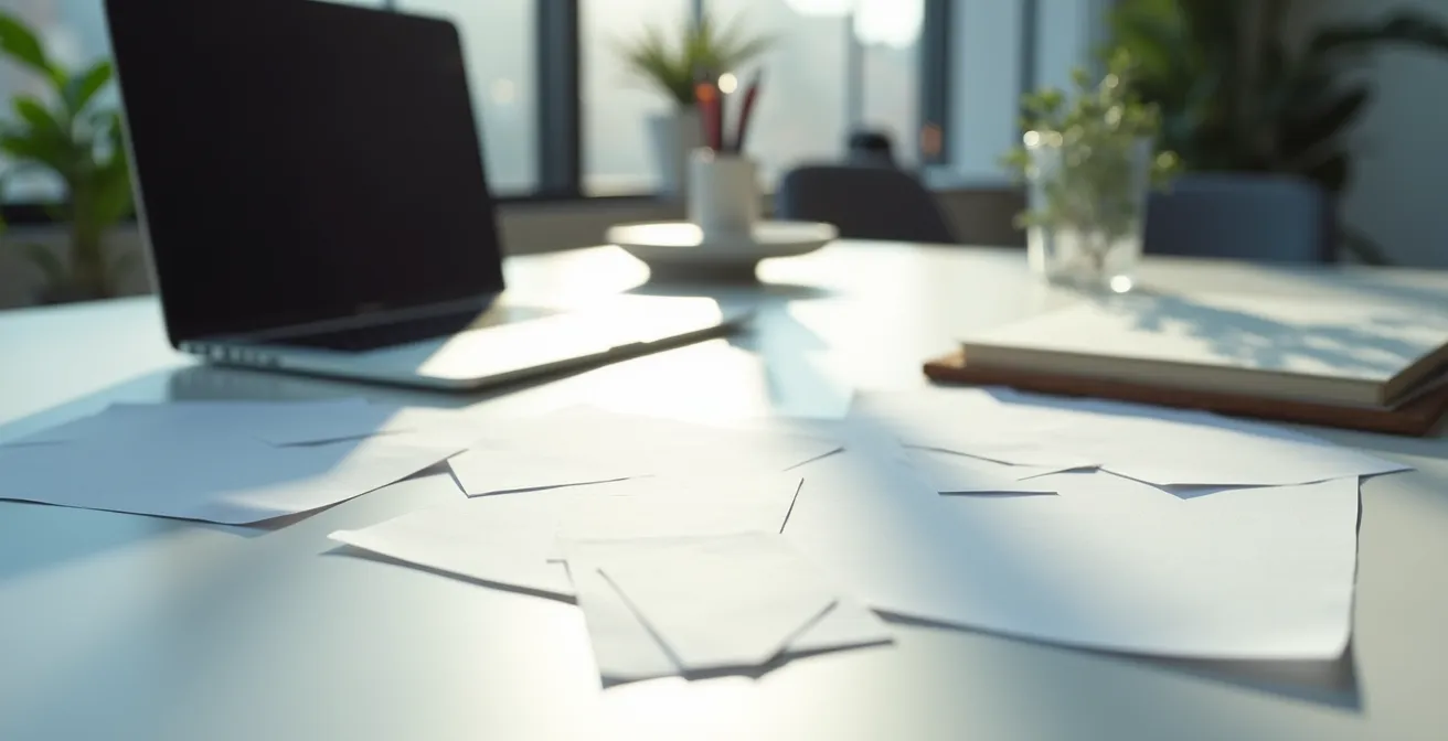Bureau avec documents administratifs et ordinateur portable montrant un espace client
