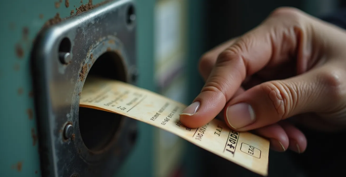 Gros plan sur une main insérant délicatement un ticket de péage dans une borne automatique, montrant la prudence nécessaire