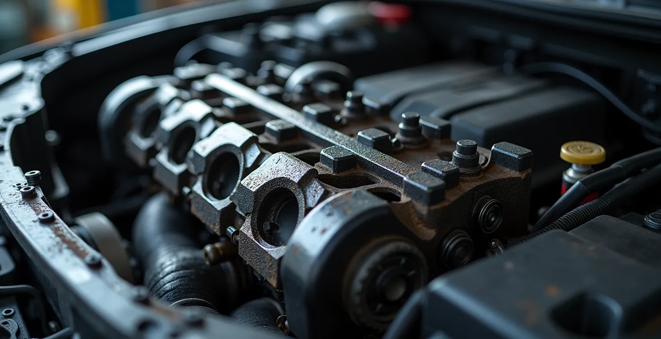 Coupe transversale d'un moteur montrant l'encrassement et ses effets sur la distribution