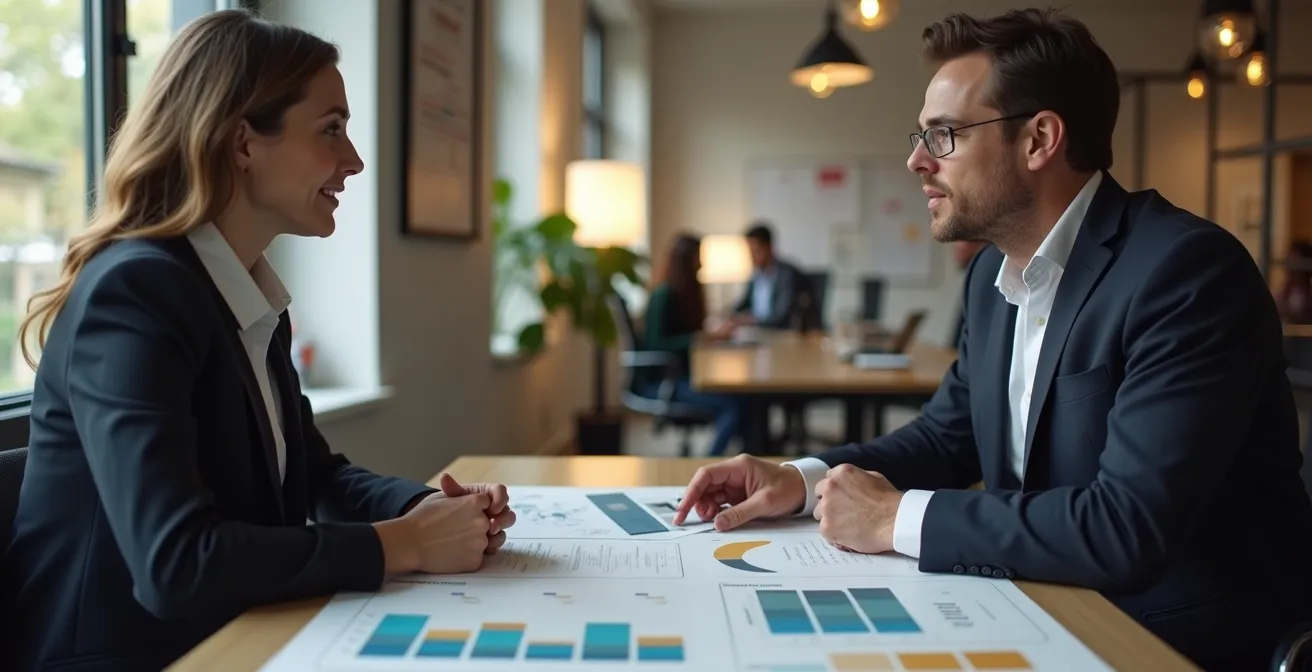 Employé en discussion avec son manager dans un bureau moderne, montrant un planning sur tablette
