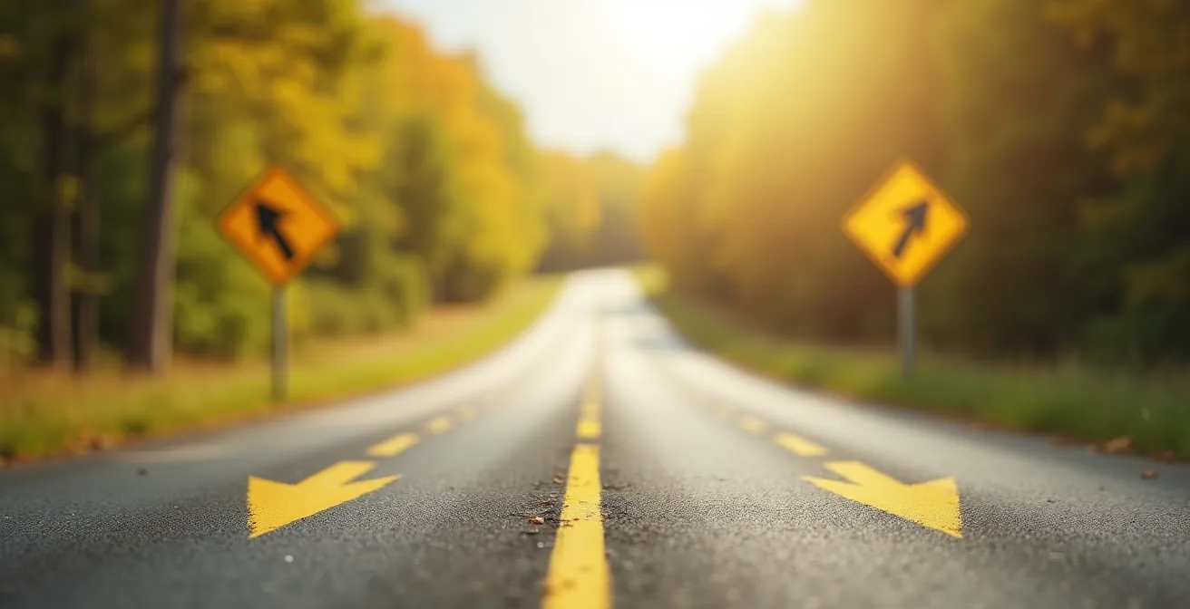 Panneau directionnel jaune flou en arrière-plan avec route de campagne