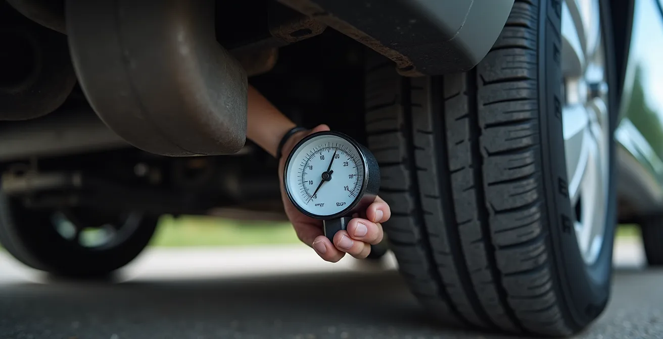 Gros plan sur la vérification de la pression d'un pneu arrière avec manomètre, voiture chargée avec attelage visible en arrière-plan