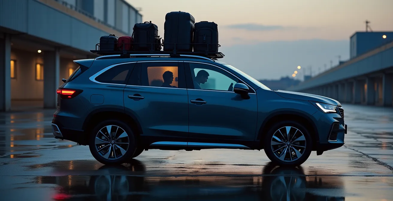 Vue latérale d'un SUV chargé montrant la répartition du poids sur les essieux