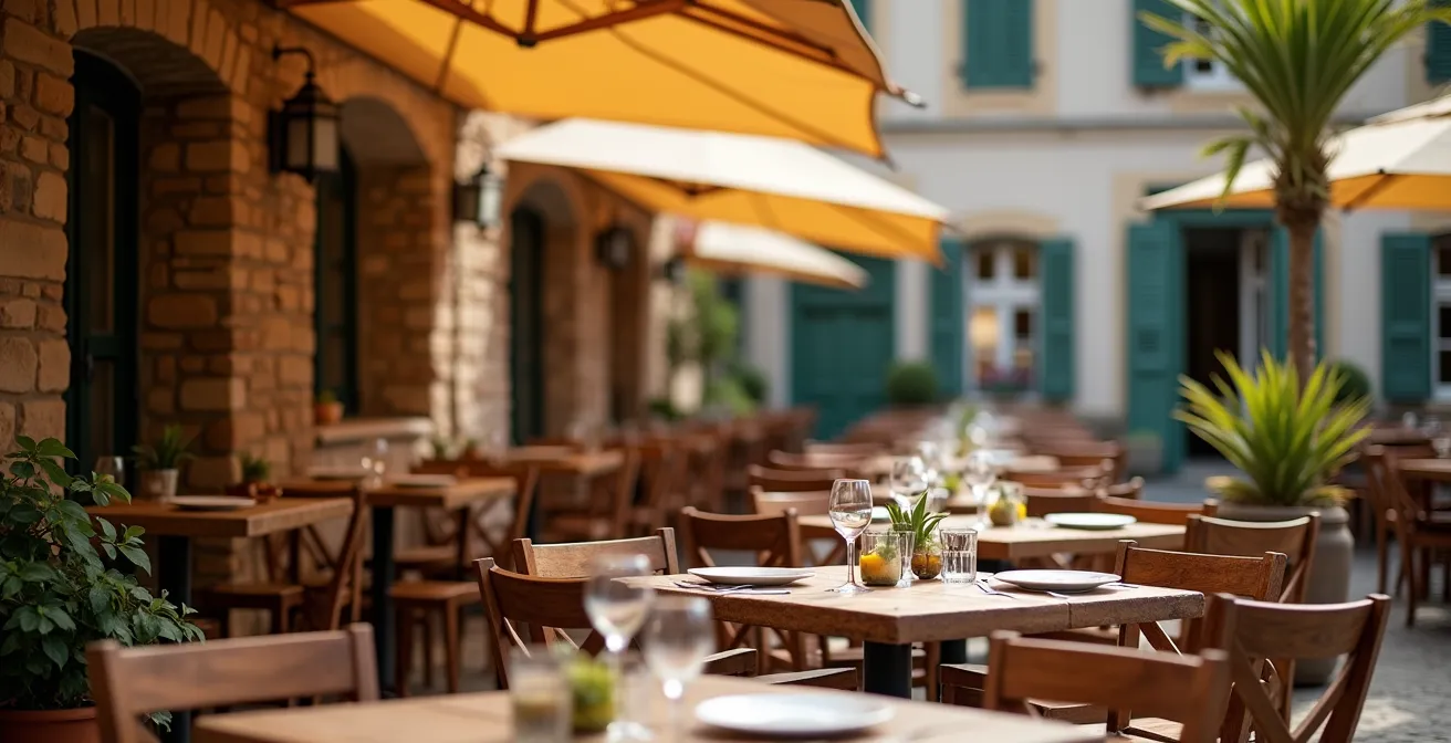 Terrasse accueillante d'un restaurant routier français avec tables en bois et parasols