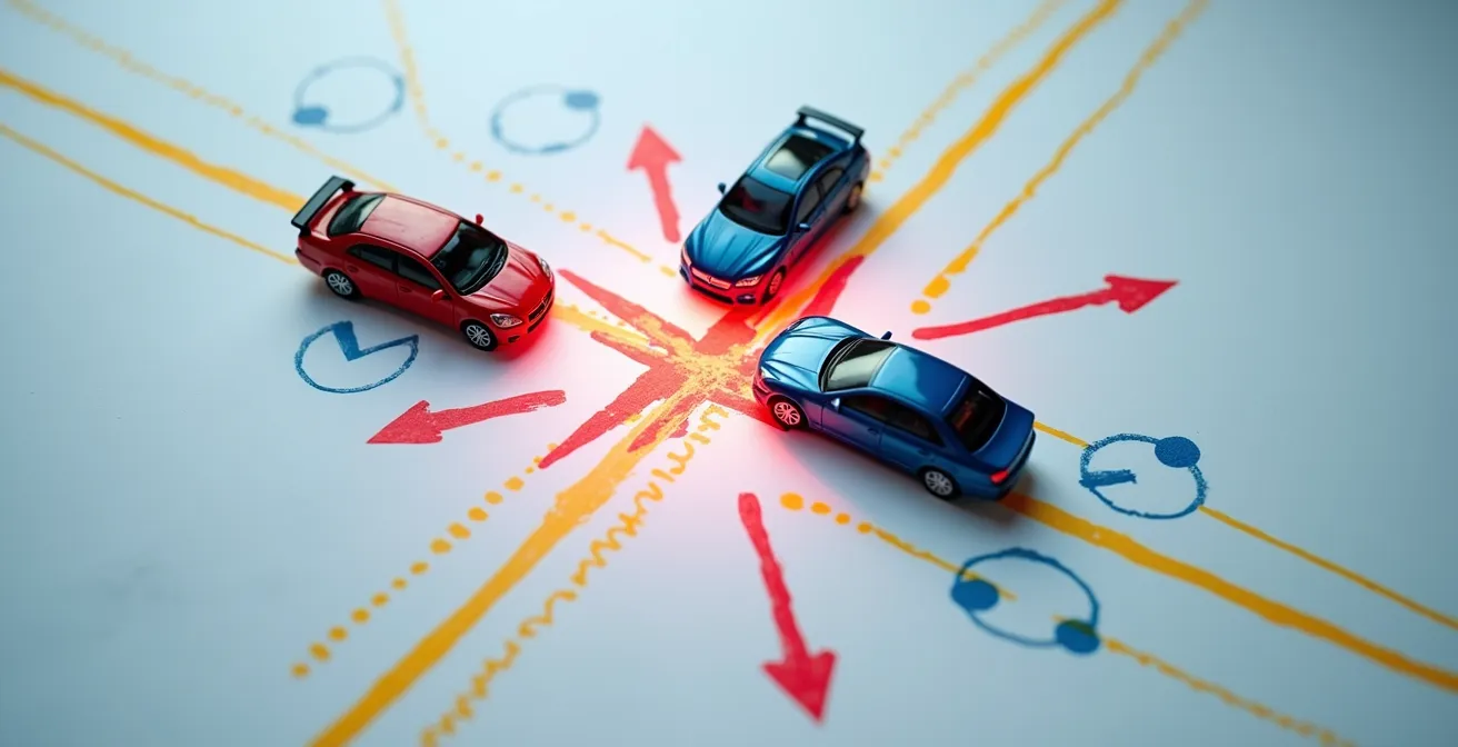 Vue aérienne d'un schéma de constat avec symboles et marquages routiers