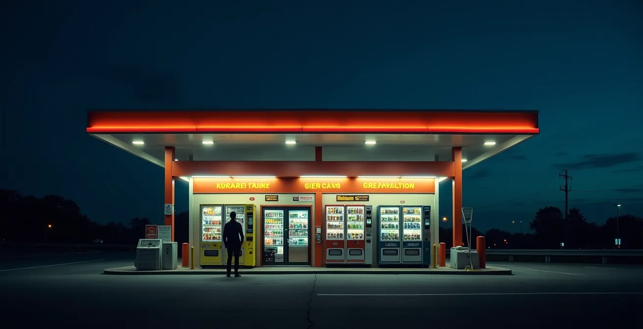 Station-service d'autoroute illuminée la nuit avec boutique ouverte et distributeurs automatiques
