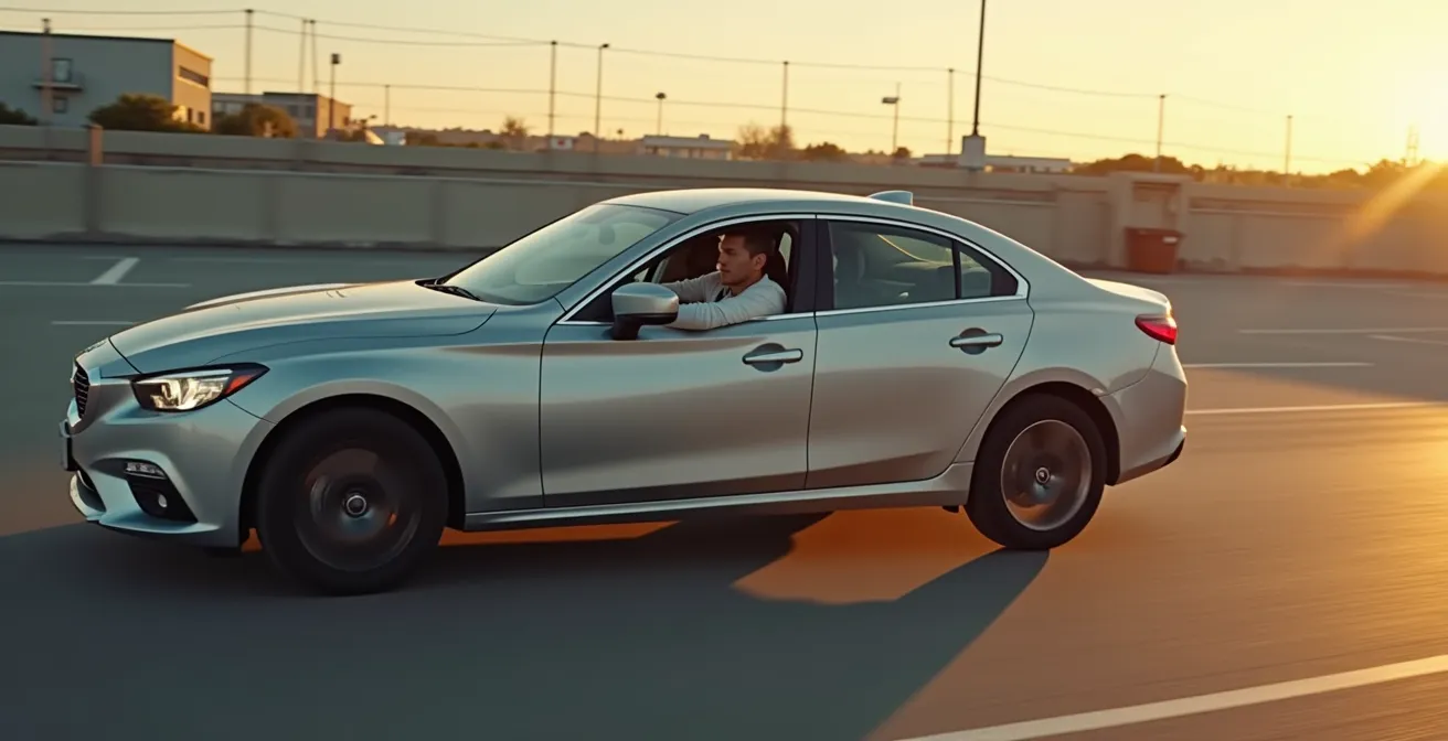 Vue latérale d'une voiture montrant le test de plongée au freinage avec déformation visible de la suspension