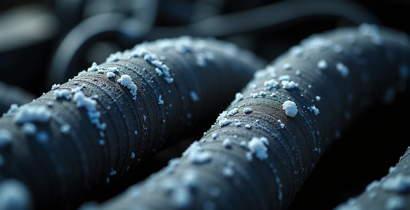 Gros plan sur des durites de moteur montrant des traces blanches cristallisées caractéristiques