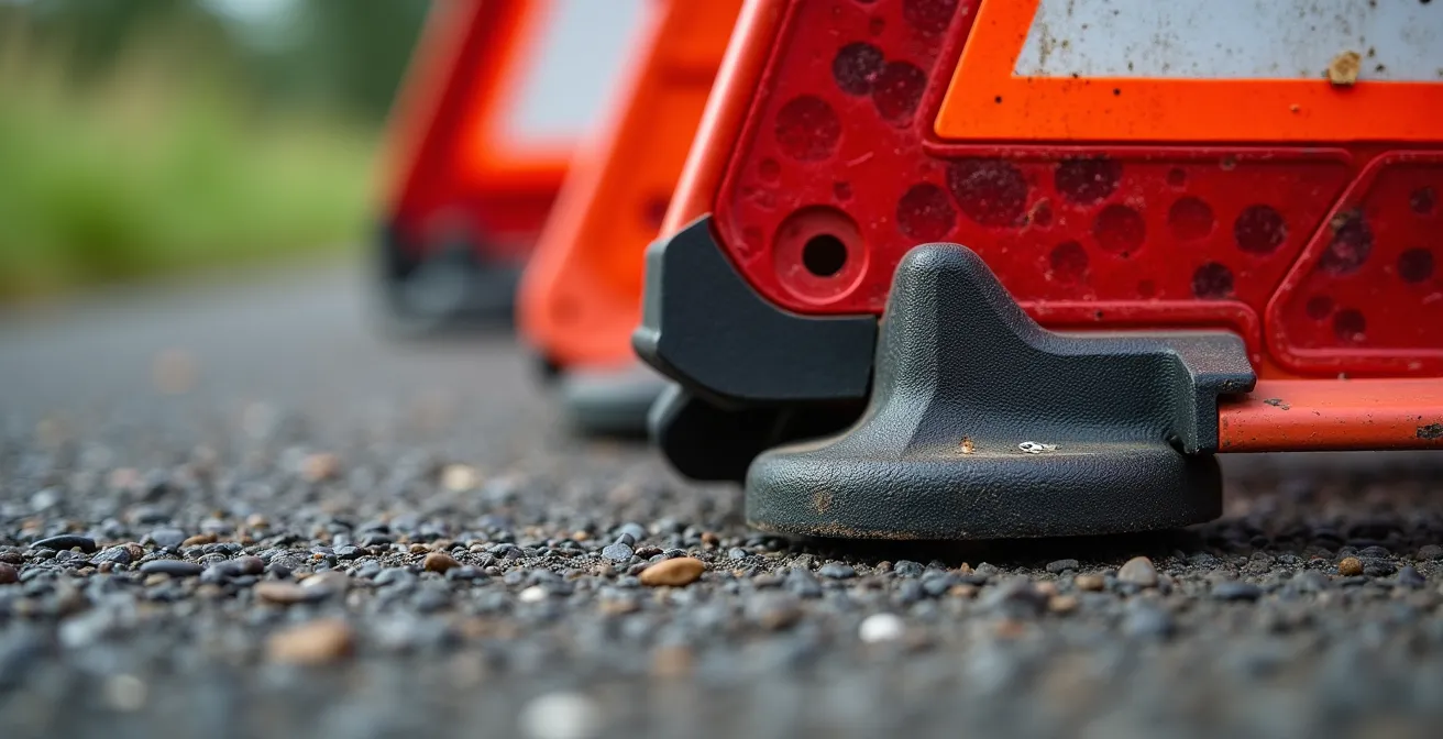 Gros plan sur la base d'un triangle de signalisation de haute qualité, montrant sa construction robuste pour résister au vent.