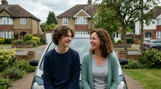 Parent et adolescent discutant devant une voiture sans permis dans une allée résidentielle