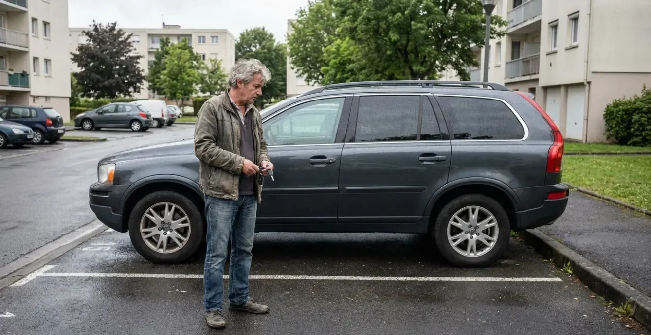 Automobiliste français réfléchissant devant son SUV dans un parking résidentiel