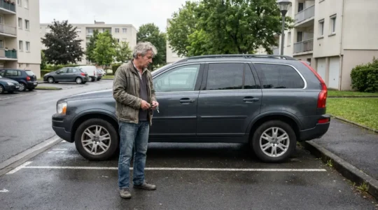 Automobiliste français réfléchissant devant son SUV dans un parking résidentiel