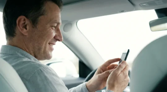 Conducteur recevant son attestation d'assurance temporaire sur smartphone dans son véhicule
