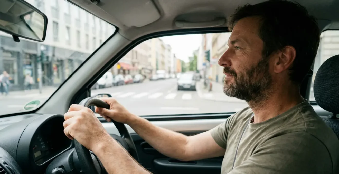 Conducteur au volant d'une voiturette, mains posées naturellement sur le volant